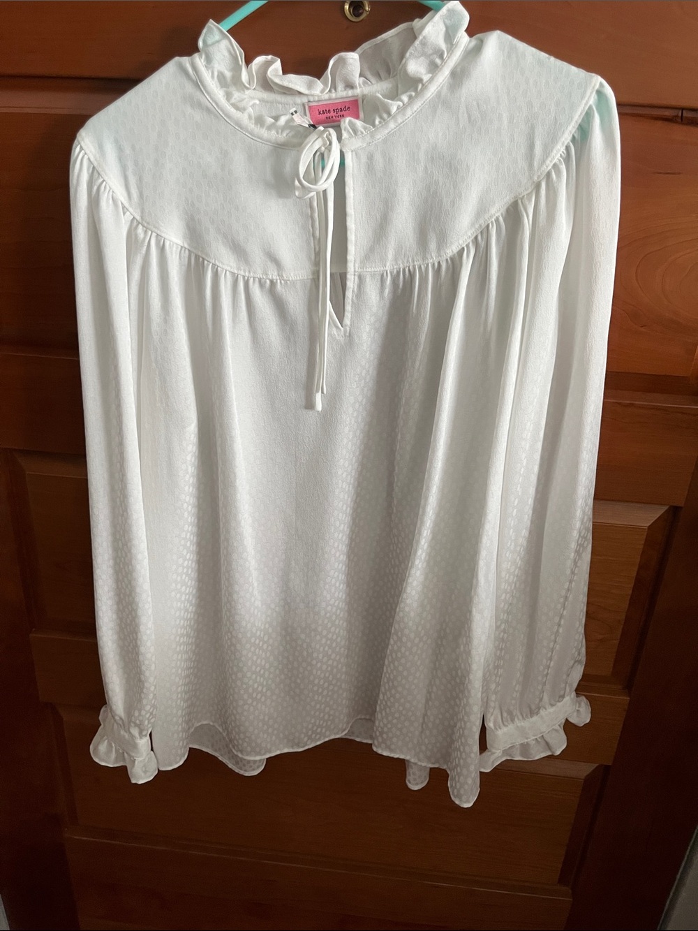 kate spade white dot jacquard ruffle tie-neck blouse